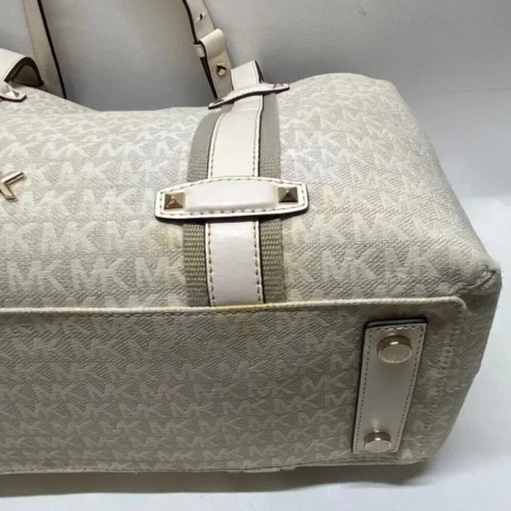 Michael Kors Griffin Large Logo‎ Tote Natural Jacqard Canvas Leather Trim GUC